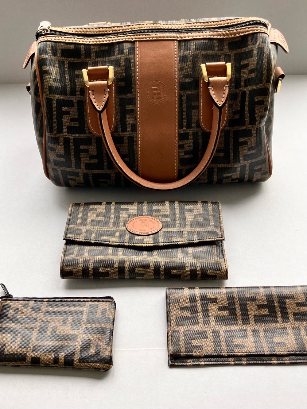VTG RARE Fendi Zucca FF Monogram 4 Piece SET Boston Speedy Bag Wallet Coin Card